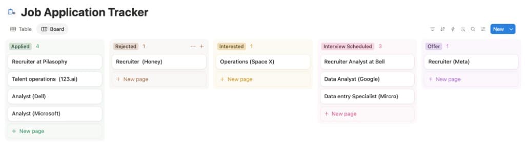 Notion board of job applications grouped by stage from Applied to Offer.