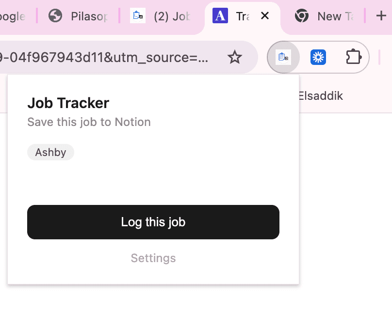Job Tracker Chrome extension popup with an Ashby badge and a Log this job button.