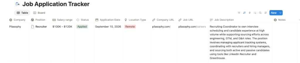 Notion table of a job application with company, position, salary, status, and description fields filled in.